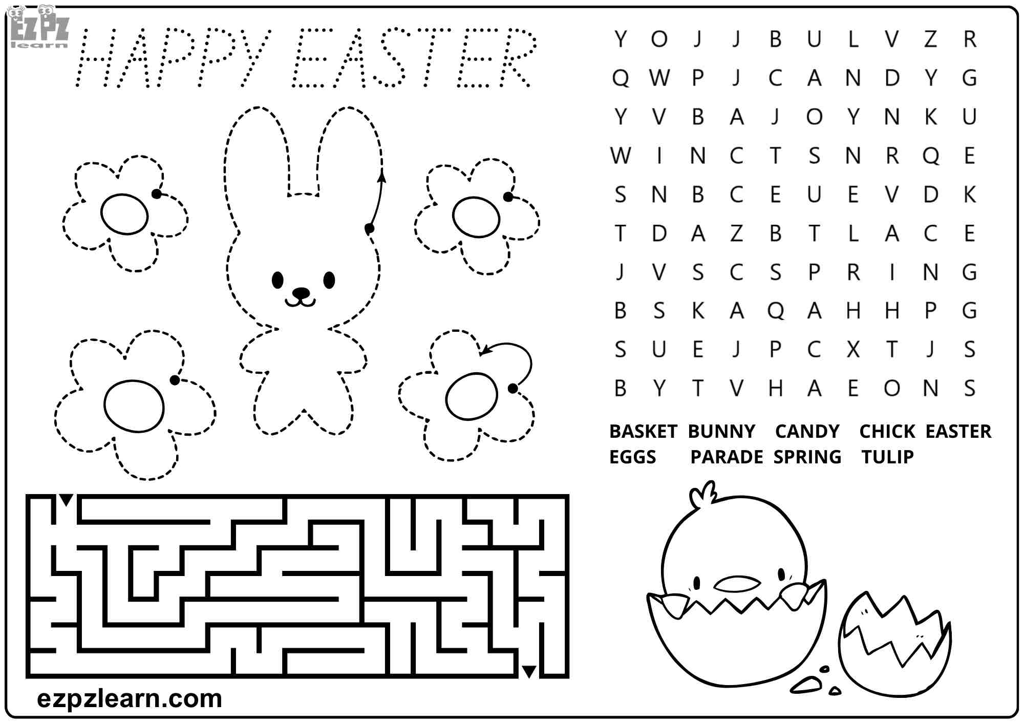 Happy Easter Activity for kids Word Search Tracing Coloring and Maze pdf Ezpzlearn